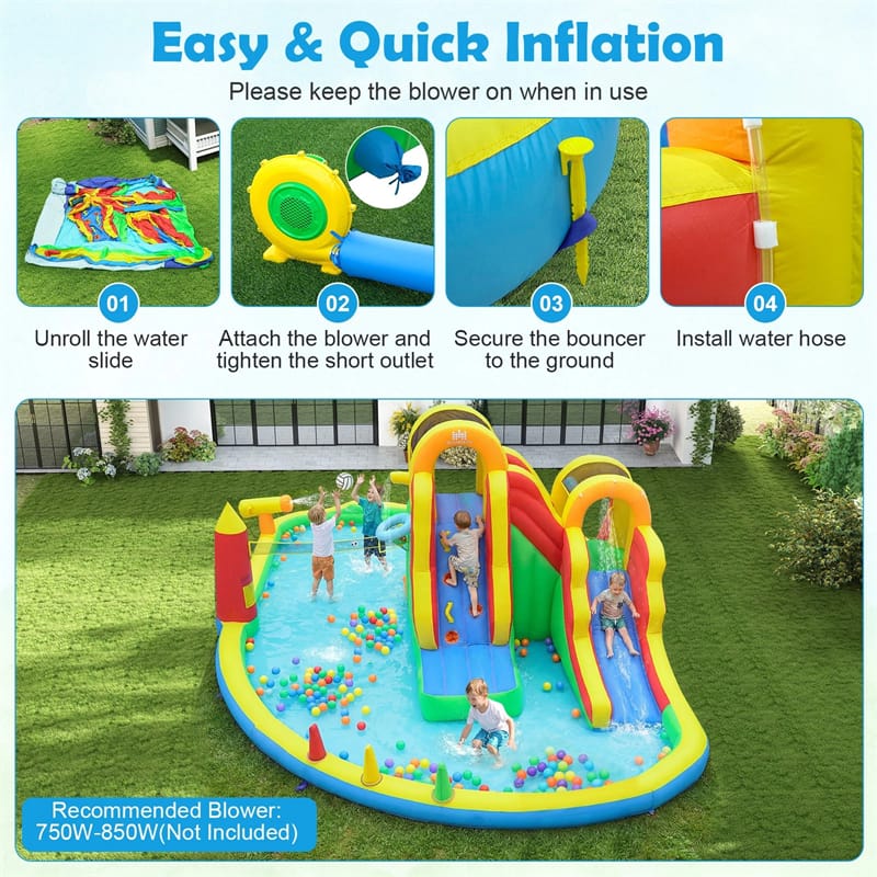 8-in-1 Inflatable Water Slide Park, Giant Backyard Bounce House w/ 2 Long Slides & Climbing Walls, Splash Pool, Tunnel, Water Cannon