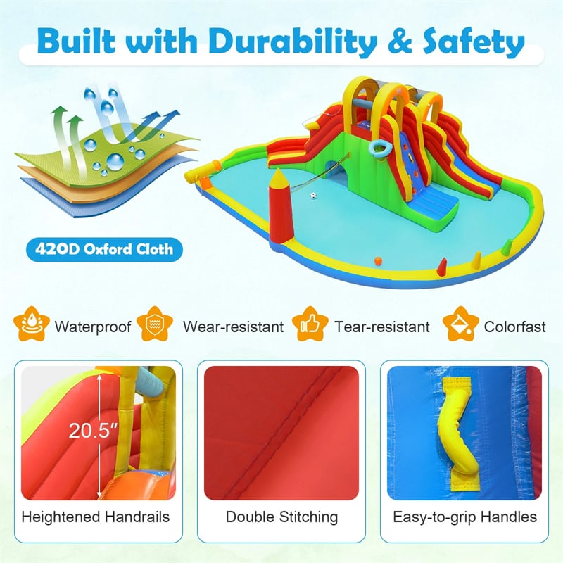 8-in-1 Inflatable Water Slide Park, Giant Backyard Bounce House w/ 2 Long Slides & Climbing Walls, Splash Pool, Tunnel, Water Cannon