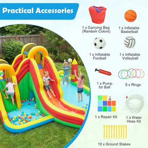 8-in-1 Inflatable Water Slide Park, Giant Backyard Bounce House w/ 2 Long Slides & Climbing Walls, Splash Pool, Tunnel, Water Cannon