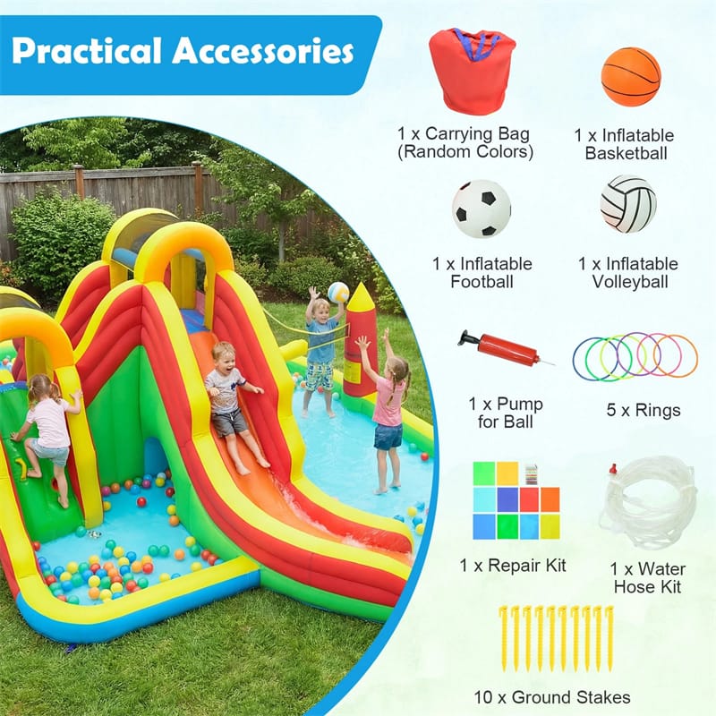 8-in-1 Inflatable Water Slide Park, Giant Backyard Bounce House w/ 2 Long Slides & Climbing Walls, Splash Pool, Tunnel, Water Cannon