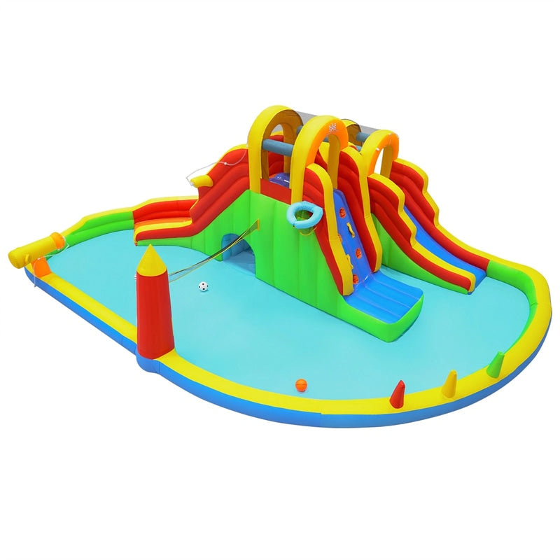 8-in-1 Inflatable Water Slide Park, Giant Backyard Bounce House w/ 2 Long Slides & Climbing Walls, Splash Pool, Tunnel, Water Cannon