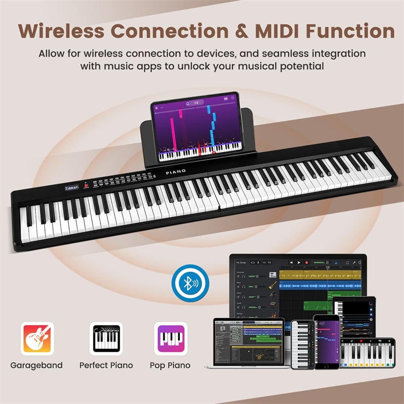 88-Key Folding Electric Piano Keyboard, Full-Size Semi-Weighted Digital Piano w/ Wireless MIDI & Dual Speakers, Portable Keyboard for Beginners