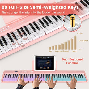 88-Key Folding Electric Piano Keyboard, Full-Size Semi-Weighted Digital Piano w/ Wireless MIDI & Dual Speakers, Portable Keyboard for Beginners