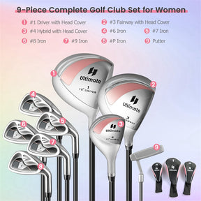 Women's Complete Golf Club Set, 9 Piece Right Hand Golf Club Package Set with 460cc Driver, Fairway Wood, Hybrid, Irons, Putter & 3 Head Covers