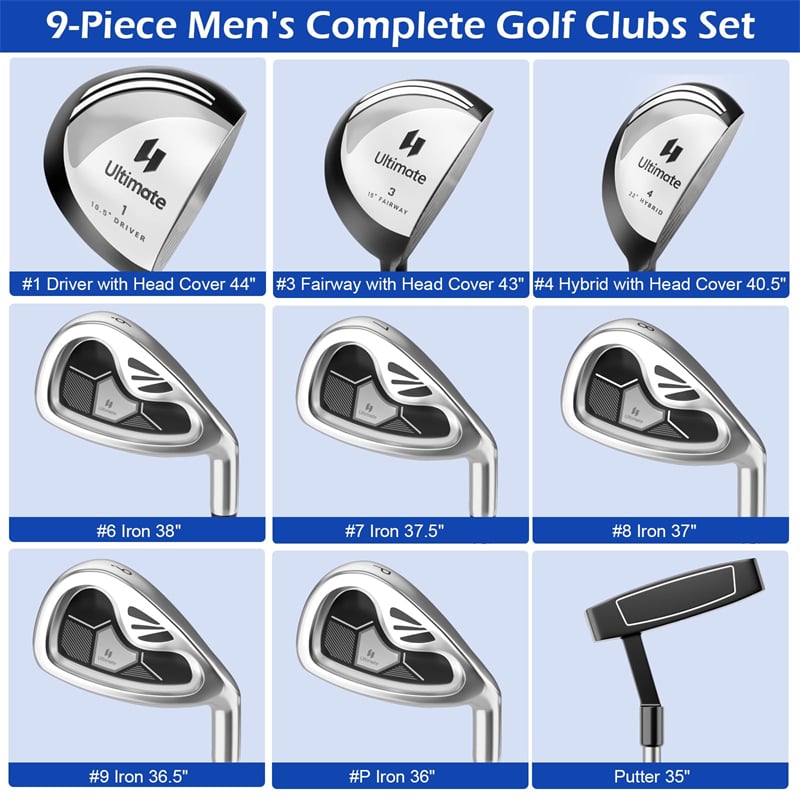 Men's Complete Golf Club Set, 9 Piece Right Handed Golf Club Package Set with 460cc Driver, Fairway Wood, Hybrid, Irons, Putter & 3 Head Covers