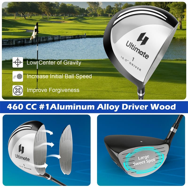 Men's Complete Golf Club Set, 9 Piece Right Handed Golf Club Package Set with 460cc Driver, Fairway Wood, Hybrid, Irons, Putter & 3 Head Covers