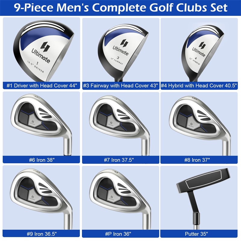 Men's Complete Golf Club Set, 9 Piece Right Handed Golf Club Package Set with 460cc Driver, Fairway Wood, Hybrid, Irons, Putter & 3 Head Covers