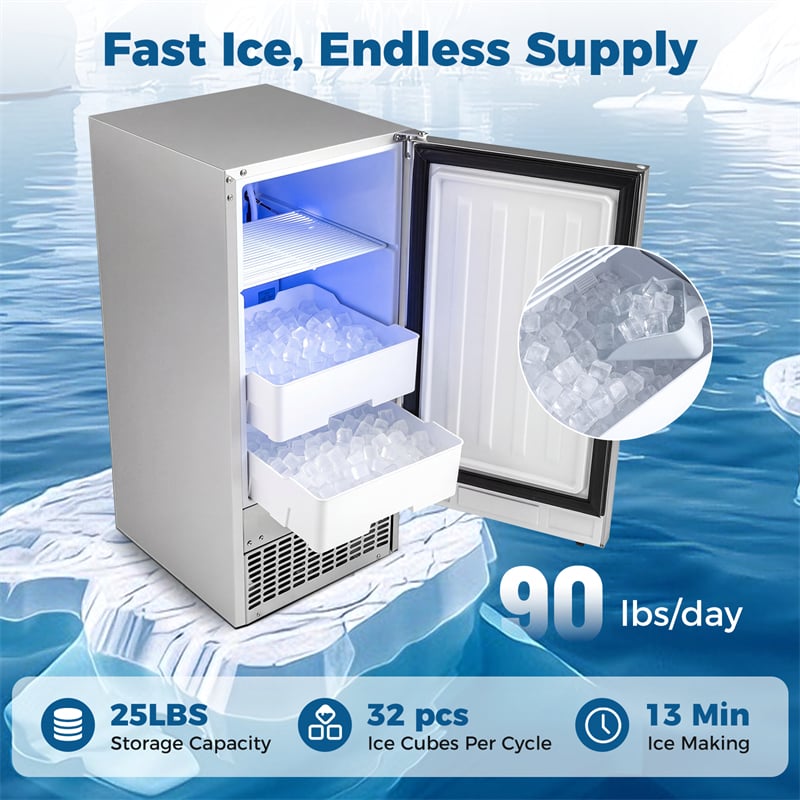 90 LBS/Day Commercial Undercounter Ice Maker, 15" Built-in Freestanding Ice Machine with Cooling Mode, 25 LBS Storage & Auto-Cleaning