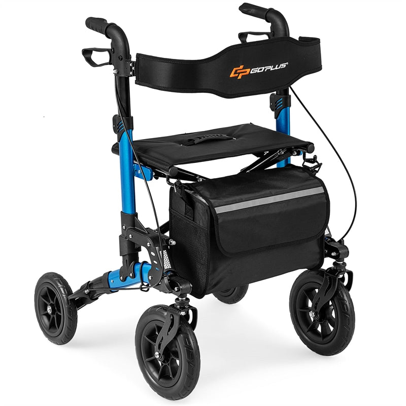 2-in-1 Rollator Walker for Seniors, Folding Rolling Walker with Seat, Mesh Backrest, Spring Suspension, 9.5" All Terrain Wheels & Cane Holder