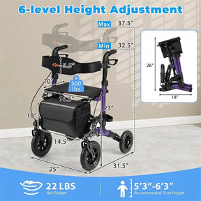 2-in-1 Rollator Walker for Seniors, Folding Rolling Walker with Seat, Mesh Backrest, Spring Suspension, 9.5" All Terrain Wheels & Cane Holder