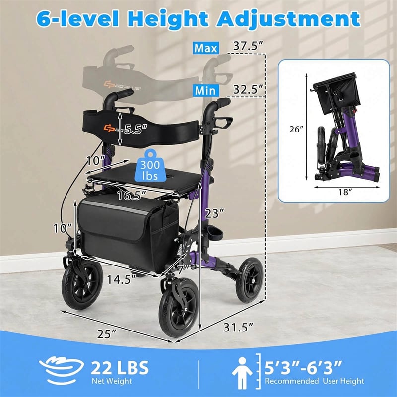 2-in-1 Rollator Walker for Seniors, Folding Rolling Walker with Seat, Mesh Backrest, Spring Suspension, 9.5" All Terrain Wheels & Cane Holder