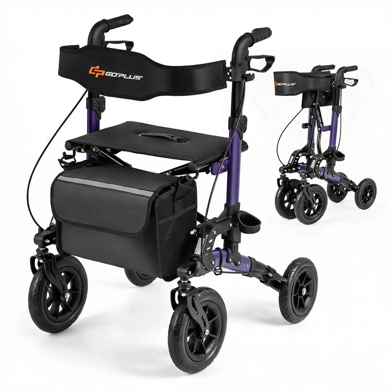 2-in-1 Rollator Walker for Seniors, Folding Rolling Walker with Seat, Mesh Backrest, Spring Suspension, 9.5" All Terrain Wheels & Cane Holder