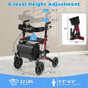 2-in-1 Rollator Walker for Seniors, Folding Rolling Walker with Seat, Mesh Backrest, Spring Suspension, 9.5" All Terrain Wheels & Cane Holder