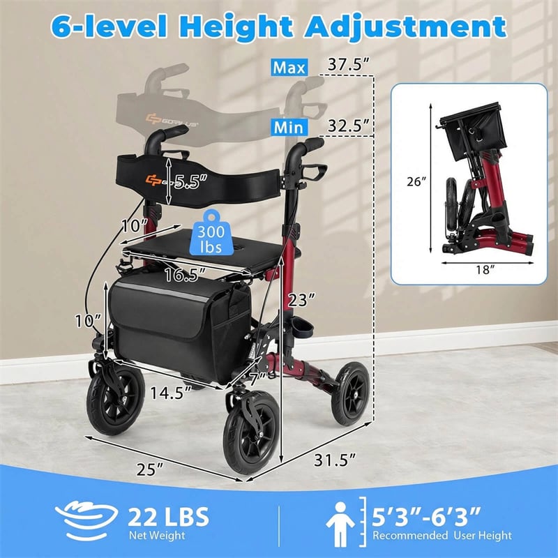 2-in-1 Rollator Walker for Seniors, Folding Rolling Walker with Seat, Mesh Backrest, Spring Suspension, 9.5" All Terrain Wheels & Cane Holder