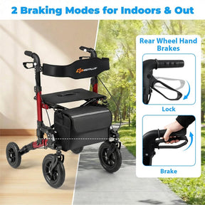 2-in-1 Rollator Walker for Seniors, Folding Rolling Walker with Seat, Mesh Backrest, Spring Suspension, 9.5" All Terrain Wheels & Cane Holder