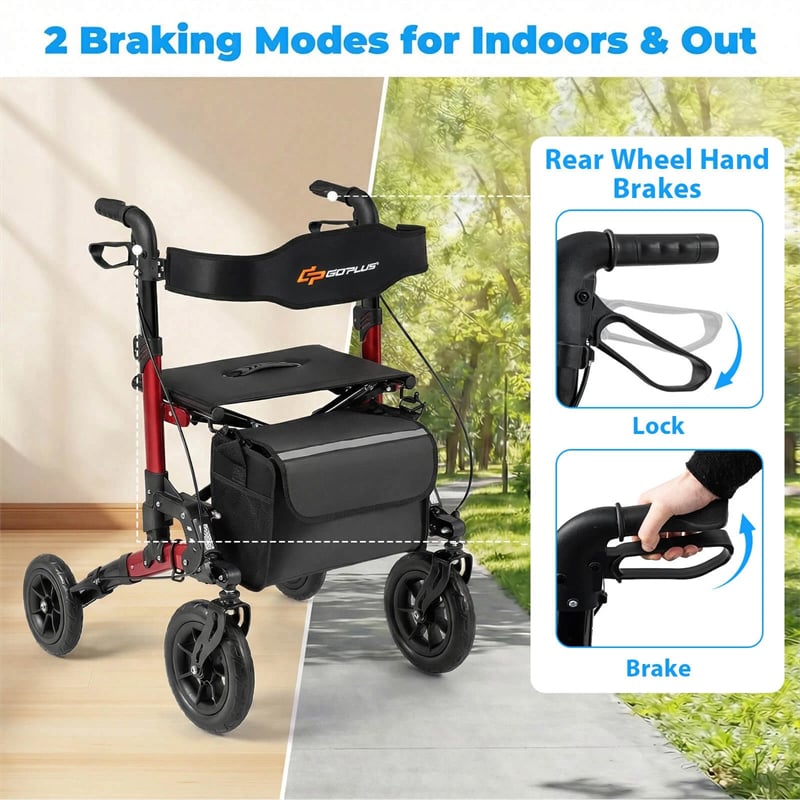 2-in-1 Rollator Walker for Seniors, Folding Rolling Walker with Seat, Mesh Backrest, Spring Suspension, 9.5" All Terrain Wheels & Cane Holder