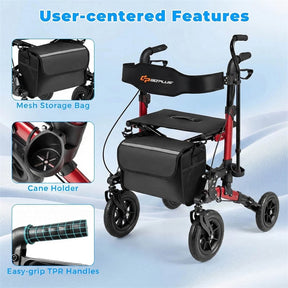 2-in-1 Rollator Walker for Seniors, Folding Rolling Walker with Seat, Mesh Backrest, Spring Suspension, 9.5" All Terrain Wheels & Cane Holder