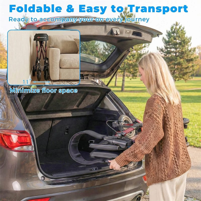 2-in-1 Rollator Walker for Seniors, Folding Rolling Walker with Seat, Mesh Backrest, Spring Suspension, 9.5" All Terrain Wheels & Cane Holder