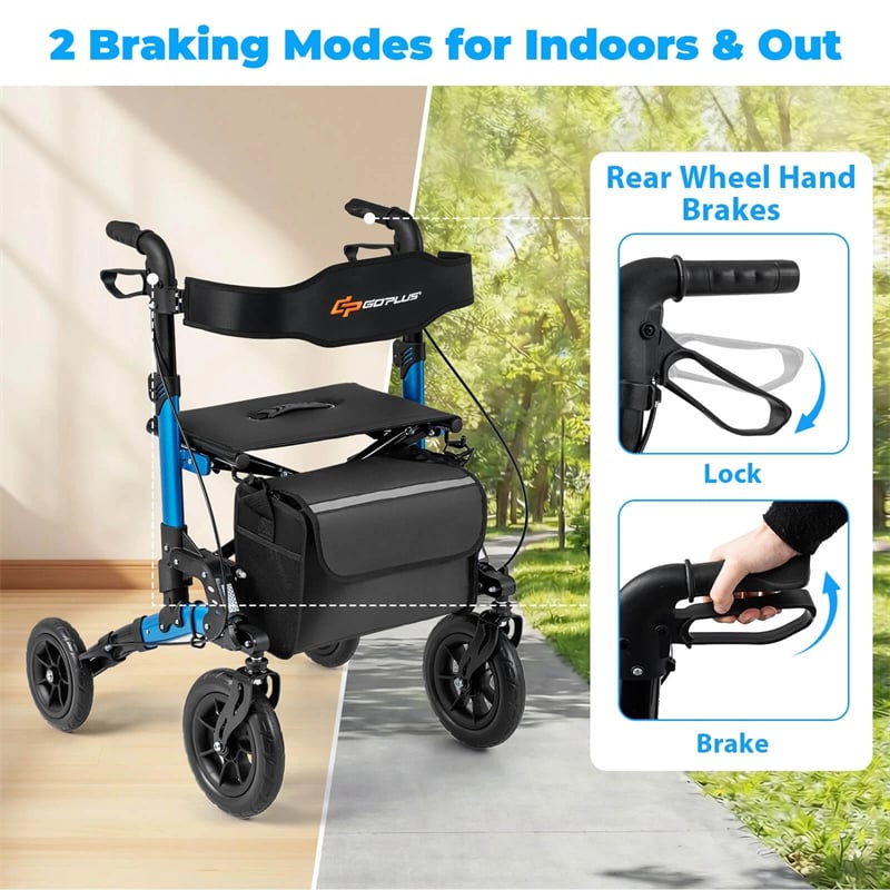 2-in-1 Rollator Walker for Seniors, Folding Rolling Walker with Seat, Mesh Backrest, Spring Suspension, 9.5" All Terrain Wheels & Cane Holder