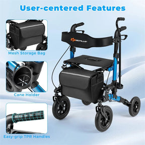 2-in-1 Rollator Walker for Seniors, Folding Rolling Walker with Seat, Mesh Backrest, Spring Suspension, 9.5" All Terrain Wheels & Cane Holder