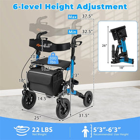 2-in-1 Rollator Walker for Seniors, Folding Rolling Walker with Seat, Mesh Backrest, Spring Suspension, 9.5" All Terrain Wheels & Cane Holder
