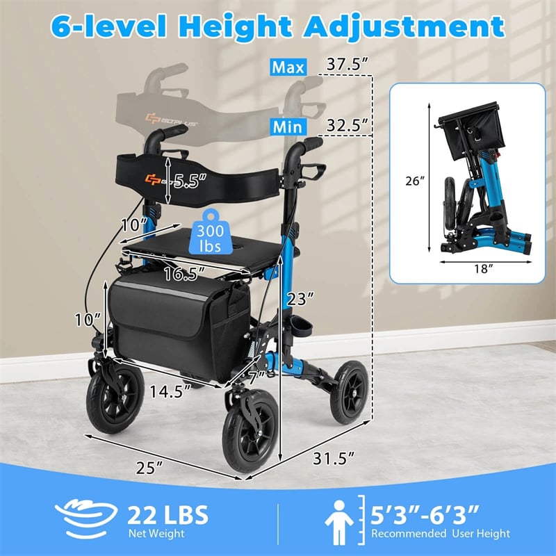 2-in-1 Rollator Walker for Seniors, Folding Rolling Walker with Seat, Mesh Backrest, Spring Suspension, 9.5" All Terrain Wheels & Cane Holder