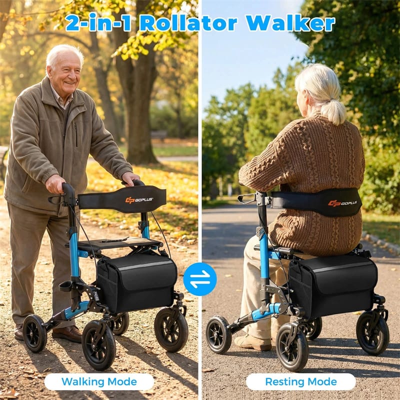 2-in-1 Rollator Walker for Seniors, Folding Rolling Walker with Seat, Mesh Backrest, Spring Suspension, 9.5" All Terrain Wheels & Cane Holder