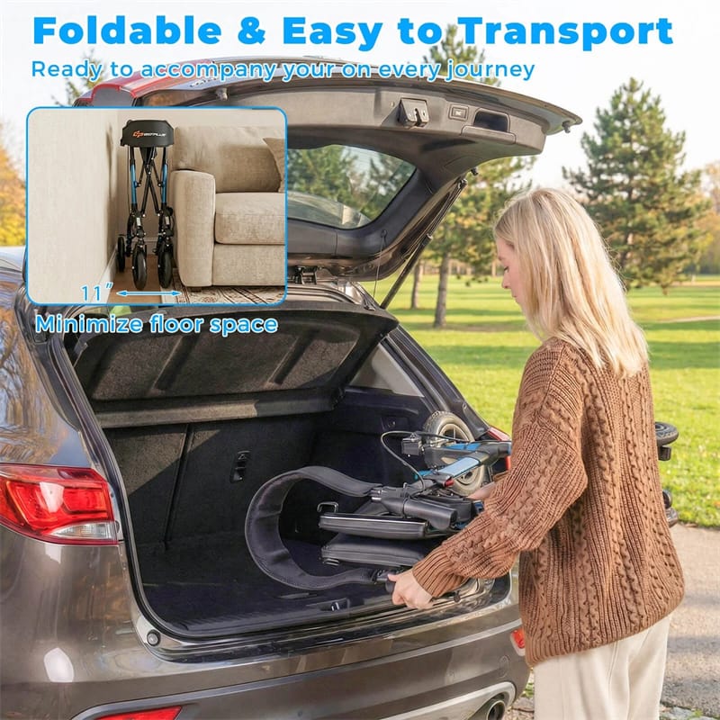 2-in-1 Rollator Walker for Seniors, Folding Rolling Walker with Seat, Mesh Backrest, Spring Suspension, 9.5" All Terrain Wheels & Cane Holder