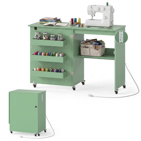 Folding Sewing Table with Charging Station, Rolling Craft Table w/ 3 Storage Trays & Shelf, Mobile Sewing Machine Cabinet for Small Spaces