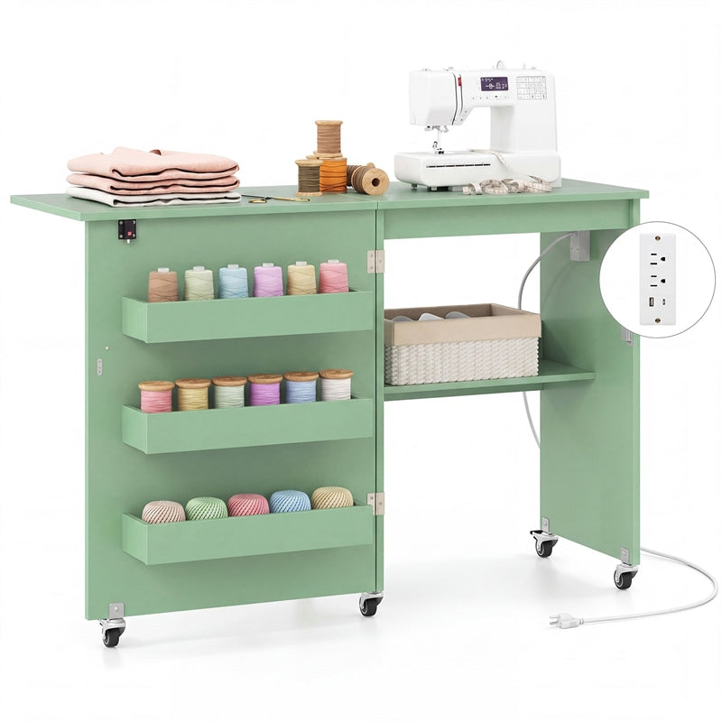 Folding Sewing Table with Charging Station, Rolling Craft Table w/ 3 Storage Trays & Shelf, Mobile Sewing Machine Cabinet for Small Spaces