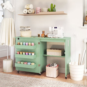 Folding Sewing Table with Charging Station, Rolling Craft Table w/ 3 Storage Trays & Shelf, Mobile Sewing Machine Cabinet for Small Spaces
