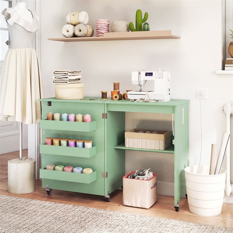Folding Sewing Table with Charging Station, Rolling Craft Table w/ 3 Storage Trays & Shelf, Mobile Sewing Machine Cabinet for Small Spaces