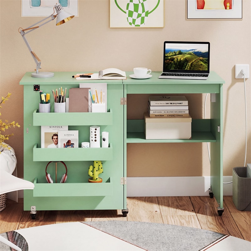 Folding Sewing Table with Charging Station, Rolling Craft Table w/ 3 Storage Trays & Shelf, Mobile Sewing Machine Cabinet for Small Spaces