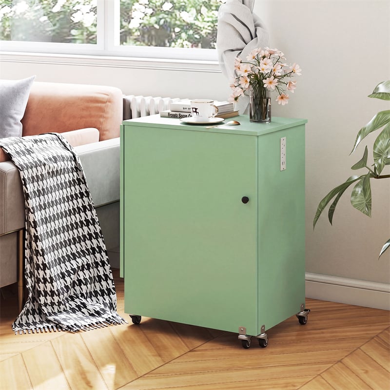 Folding Sewing Table with Charging Station, Rolling Craft Table w/ 3 Storage Trays & Shelf, Mobile Sewing Machine Cabinet for Small Spaces