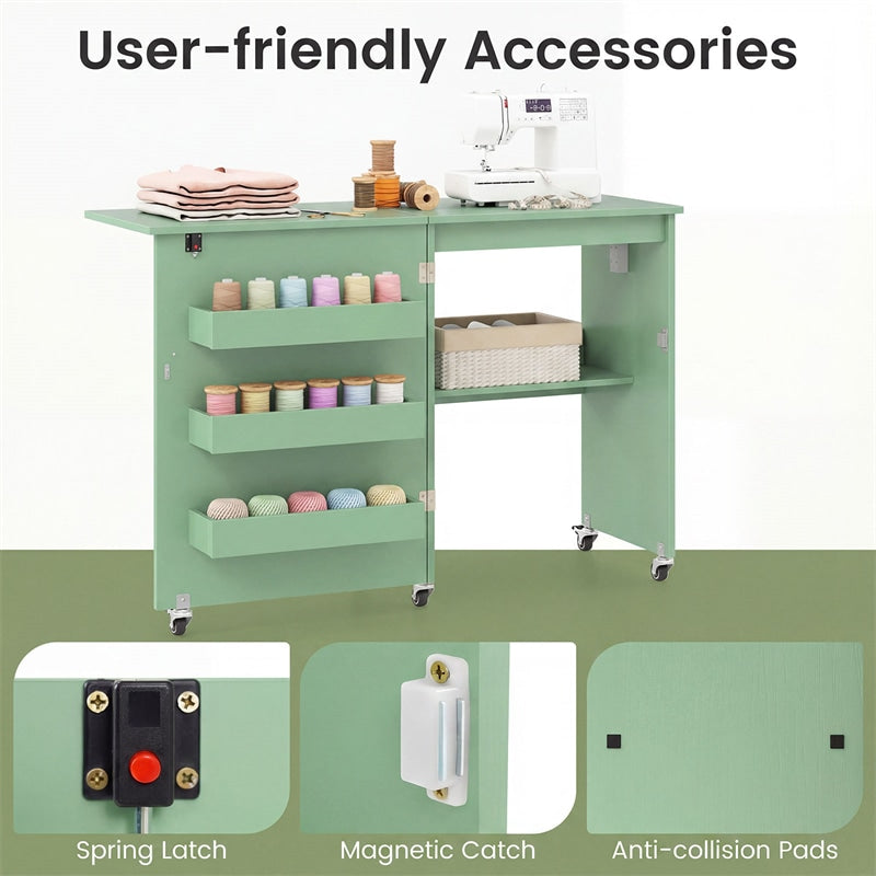 Folding Sewing Table with Charging Station, Rolling Craft Table w/ 3 Storage Trays & Shelf, Mobile Sewing Machine Cabinet for Small Spaces