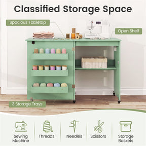 Folding Sewing Table with Charging Station, Rolling Craft Table w/ 3 Storage Trays & Shelf, Mobile Sewing Machine Cabinet for Small Spaces