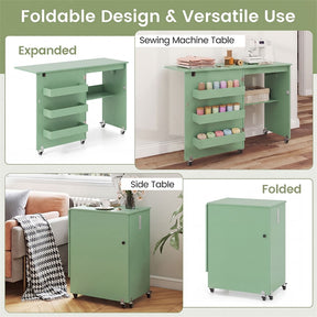 Folding Sewing Table with Charging Station, Rolling Craft Table w/ 3 Storage Trays & Shelf, Mobile Sewing Machine Cabinet for Small Spaces