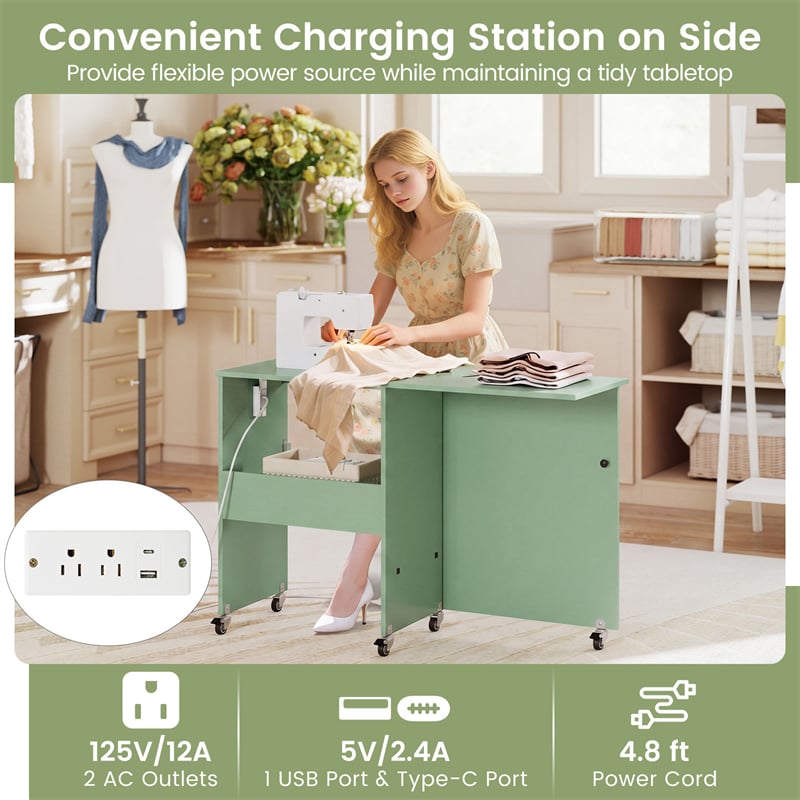 Folding Sewing Table with Charging Station, Rolling Craft Table w/ 3 Storage Trays & Shelf, Mobile Sewing Machine Cabinet for Small Spaces