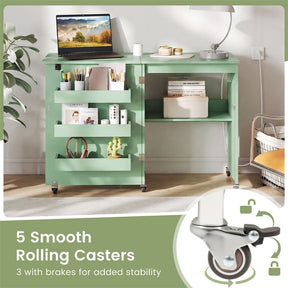 Folding Sewing Table with Charging Station, Rolling Craft Table w/ 3 Storage Trays & Shelf, Mobile Sewing Machine Cabinet for Small Spaces