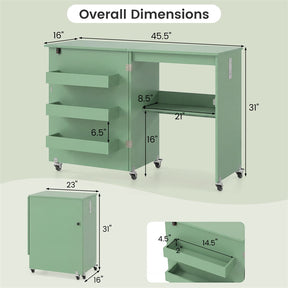 Folding Sewing Table with Charging Station, Rolling Craft Table w/ 3 Storage Trays & Shelf, Mobile Sewing Machine Cabinet for Small Spaces