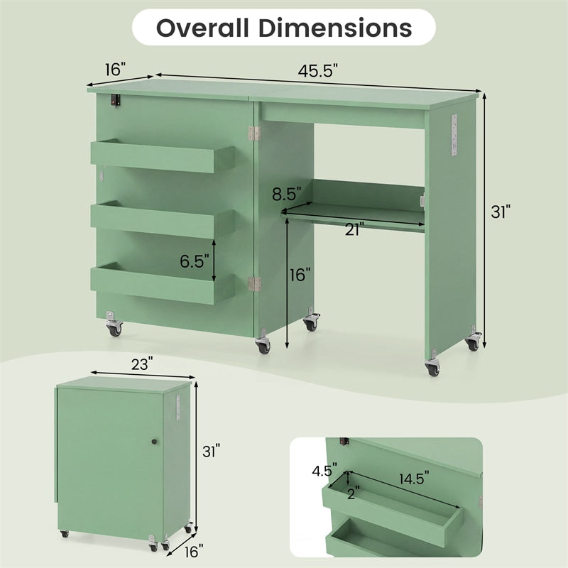 Folding Sewing Table with Charging Station, Rolling Craft Table w/ 3 Storage Trays & Shelf, Mobile Sewing Machine Cabinet for Small Spaces