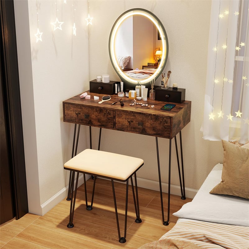 Industrial Vanity Desk w/ 3-Color Lighted Mirror, Charging Station & 4 Drawers, Retro Makeup Table Set w/ Padded Stool, Bedroom Dressing Table