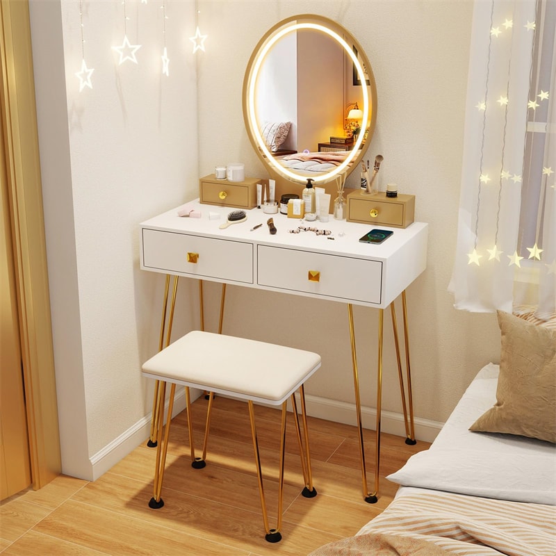 Industrial Vanity Desk w/ 3-Color Lighted Mirror, Charging Station & 4 Drawers, Retro Makeup Table Set w/ Padded Stool, Bedroom Dressing Table