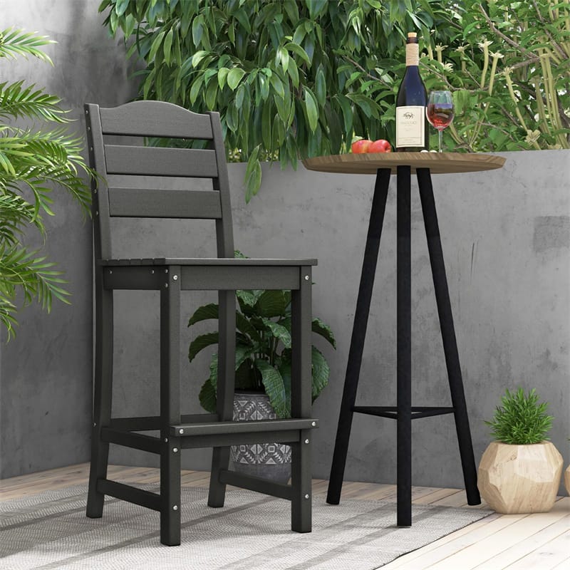 Outdoor HDPE Bar Stool, 30" Tall Patio Bar Chair with High Backrest & Footrest, All-Weather High-Top Barstool for Garden, Backyard