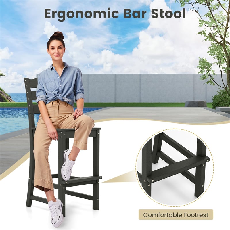 Outdoor HDPE Bar Stool, 30" Tall Patio Bar Chair with High Backrest & Footrest, All-Weather High-Top Barstool for Garden, Backyard