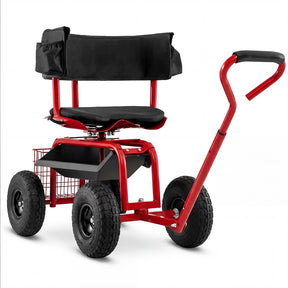 Rolling Garden Cart with 360° Swivel Padded Seat, Adjustable Gardening Scooter Workseat with Tool Tray & Storage, Extendable Handle for Seniors