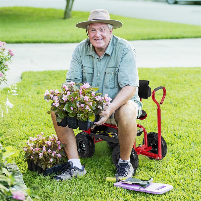 Rolling Garden Cart with 360° Swivel Padded Seat, Adjustable Gardening Scooter Workseat with Tool Tray & Storage, Extendable Handle for Seniors