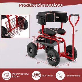 Rolling Garden Cart with 360° Swivel Padded Seat, Adjustable Gardening Scooter Workseat with Tool Tray & Storage, Extendable Handle for Seniors