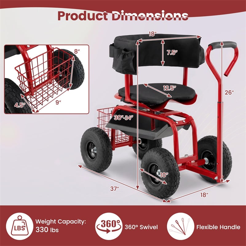 Rolling Garden Cart with 360° Swivel Padded Seat, Adjustable Gardening Scooter Workseat with Tool Tray & Storage, Extendable Handle for Seniors
