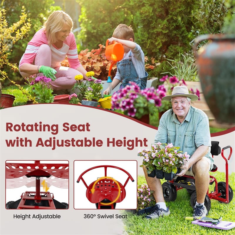Rolling Garden Cart with 360° Swivel Padded Seat, Adjustable Gardening Scooter Workseat with Tool Tray & Storage, Extendable Handle for Seniors